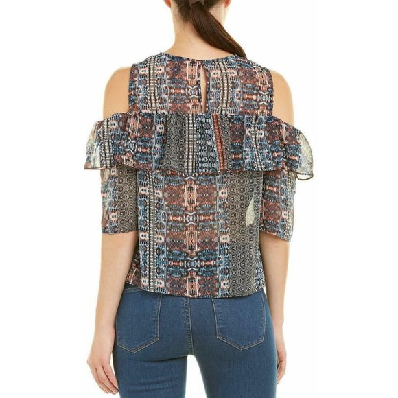 NWT $140 BCBG Max Azria Patchwork Cold Shoulder Crop Top Blouse SizeS Ruffles - Picture 2 of 12
